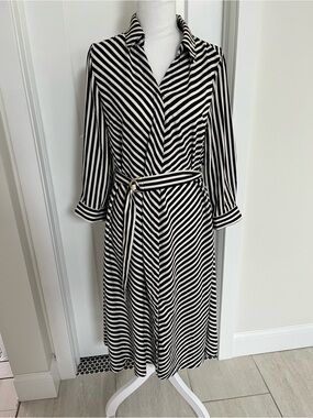 H&M Black and White Striped Midi Shirt Dress with Belt